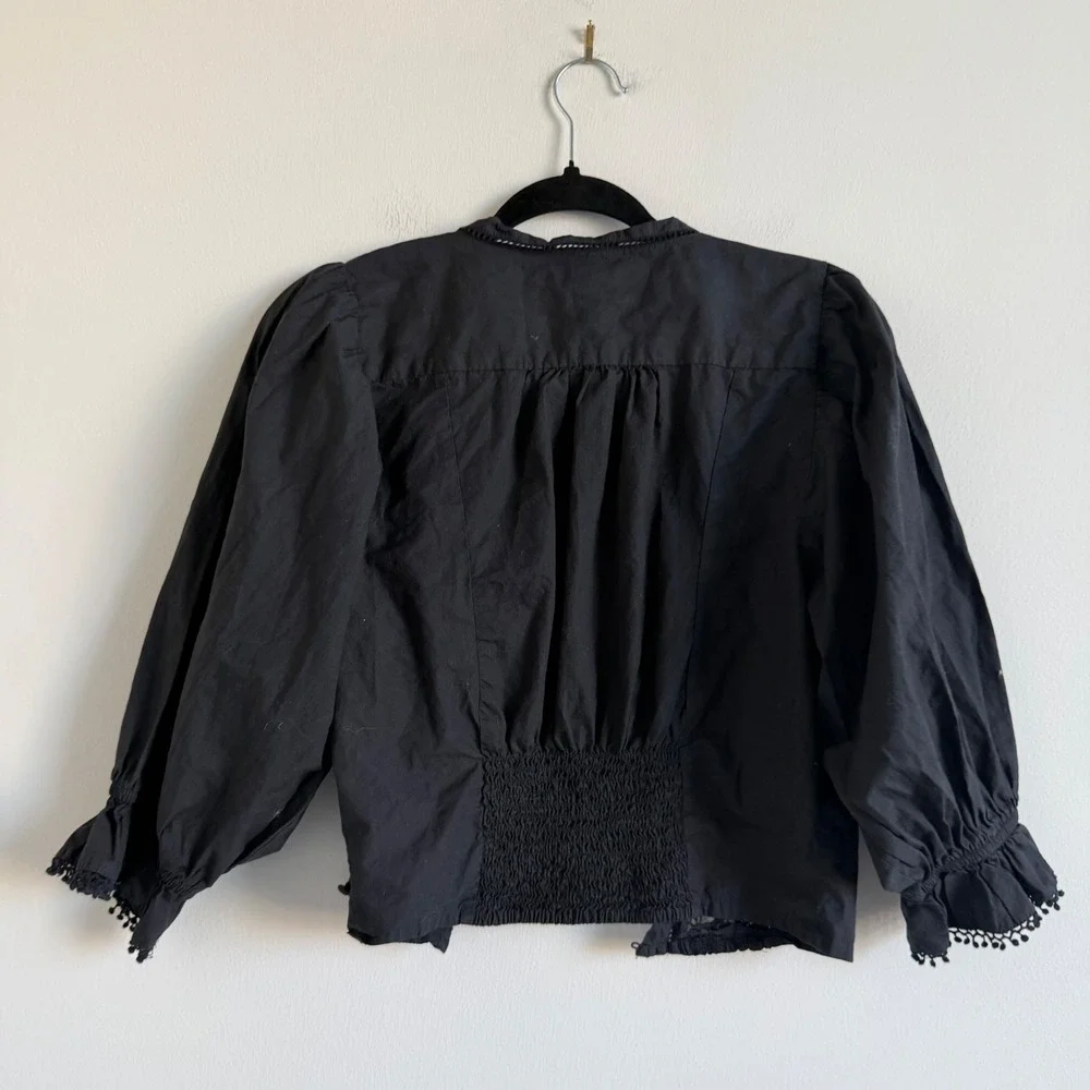 Free People Louella Black Lace‎ and Embroidered Button Front Cotton Top Medium